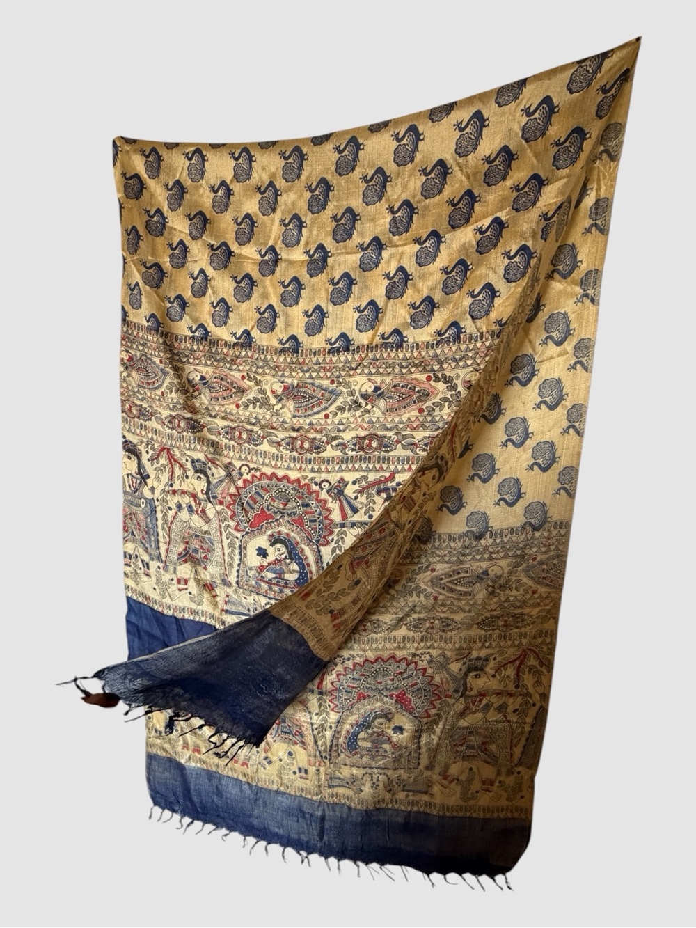 Indian Silk-Style Madhubani Folk Art Scarf Shawl Blue Gold 28x40